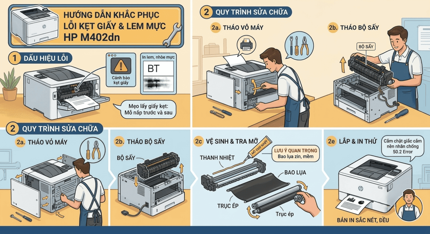sửa máy in hp 402 bị kẹt giấy